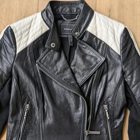 BCBG Max Azria Two-Tone Leather Biker/Moto Jacket - Black & Cream - Picture 8 of 8